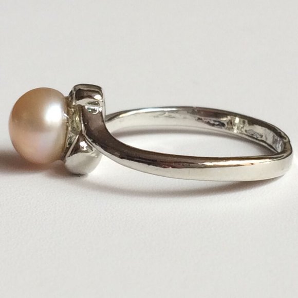Peach Pearl Ring Solitaire Dainty Size 5 6 7 Vintage Cultured Silver Plated - Picture 8 of 10